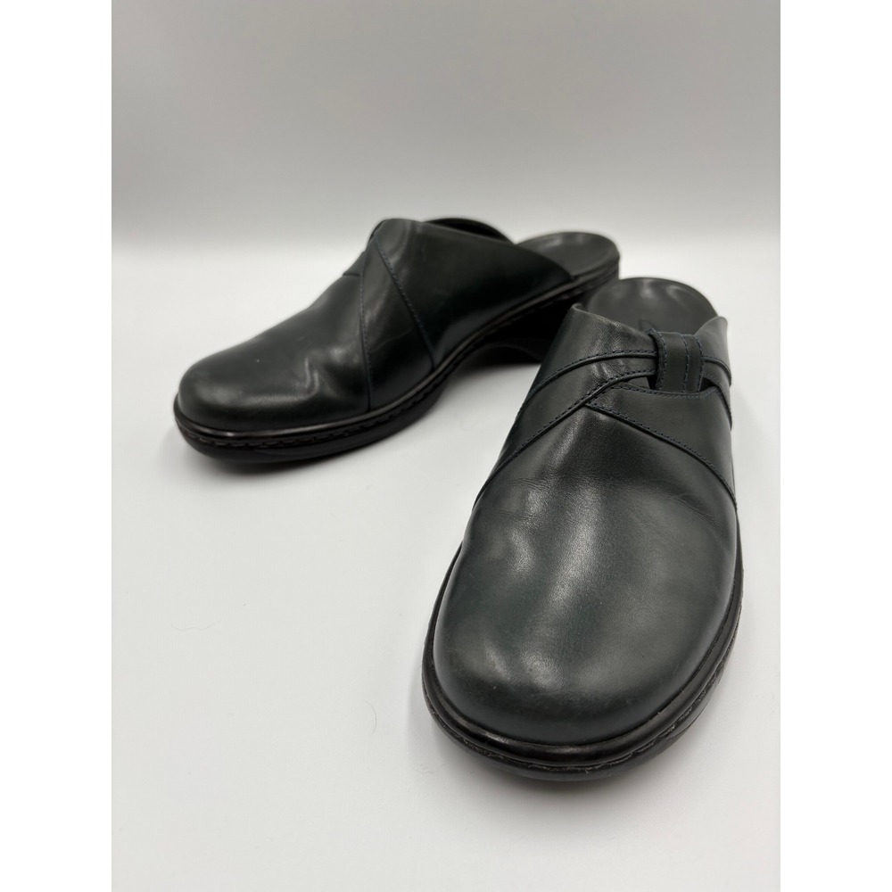 Clarks Leather Mules Dark Blue Crossover Stitch Wedge Classic Casual Size 7.5M
